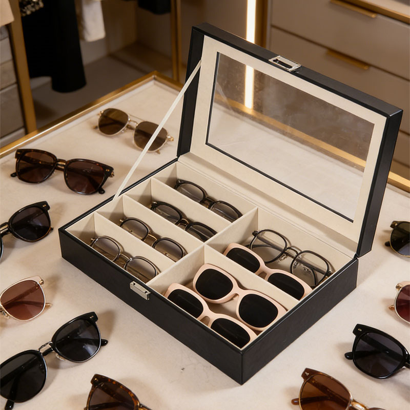 Token Tray Organizer - Black 6-Compartment Eyeglass Storage Box Jewelry