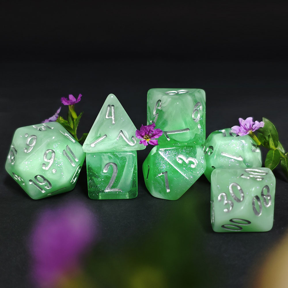 7Pcs Mint Green Swirl Glitter  - đánh giá và giá Dice Set Polyhedral